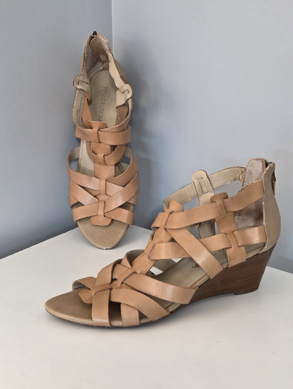 Franco Sarto Tan Leather Strappy Kailey Wedge Sandals Sz 9 Boho Chic